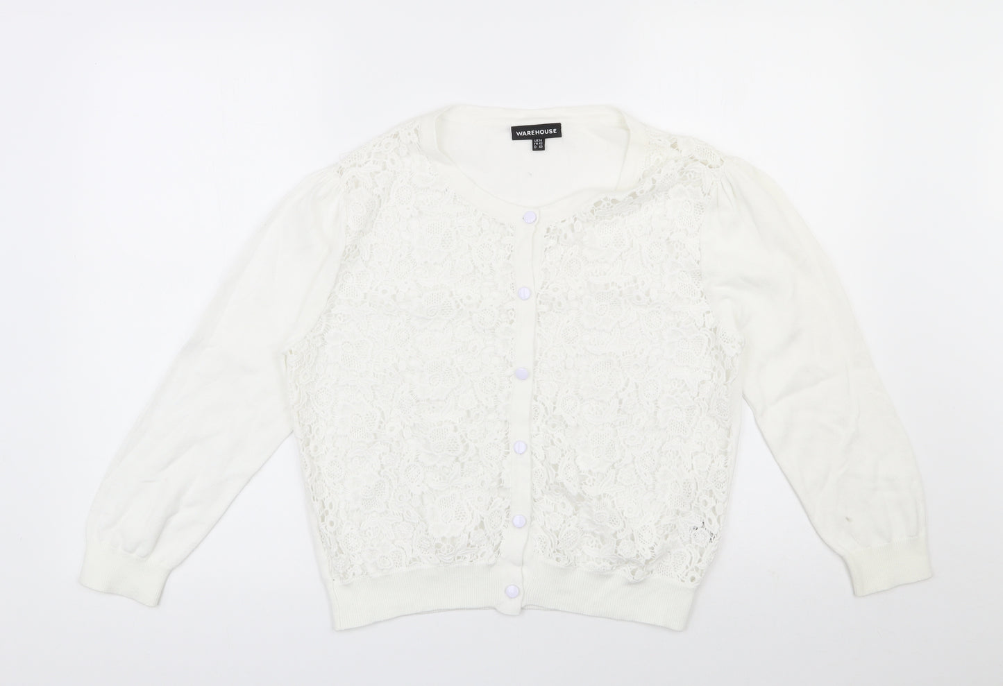 Warehouse Womens White Scoop Neck  Cotton Cardigan Jumper Size 14