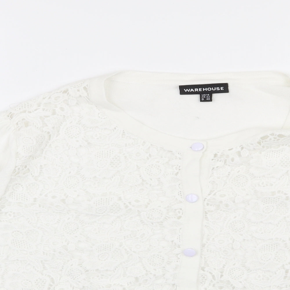 Warehouse Womens White Scoop Neck  Cotton Cardigan Jumper Size 14