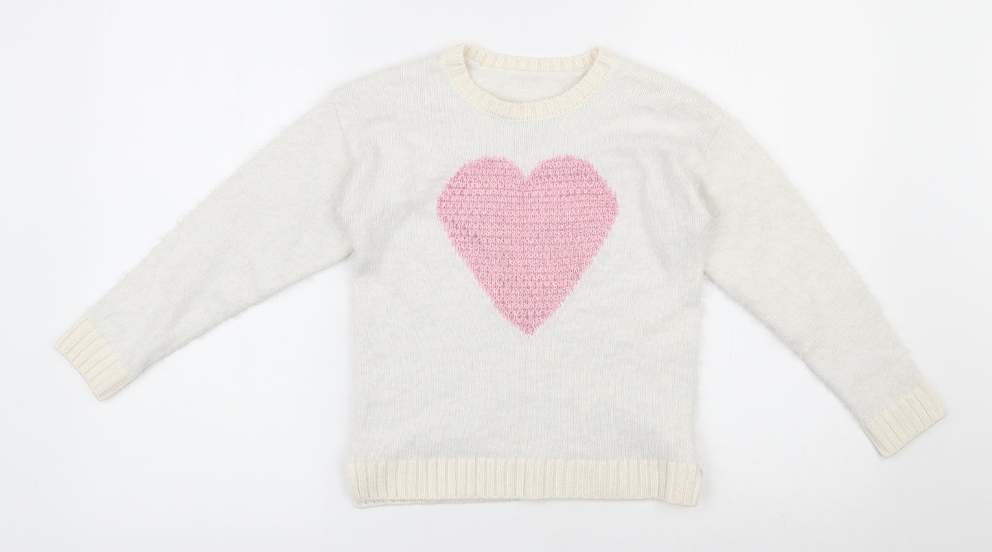 Nutmeg Girls Ivory Round Neck  Acrylic Pullover Jumper Size 7-8 Years  Pullover - Heart pattern