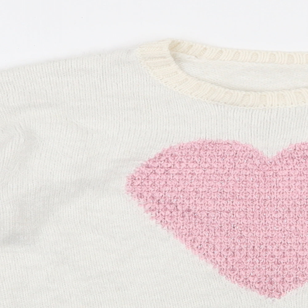 Nutmeg Girls Ivory Round Neck  Acrylic Pullover Jumper Size 7-8 Years  Pullover - Heart pattern