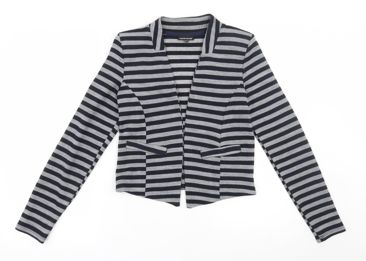 Warehouse Womens Grey V-Neck Striped Acrylic Cardigan Jumper Size 10