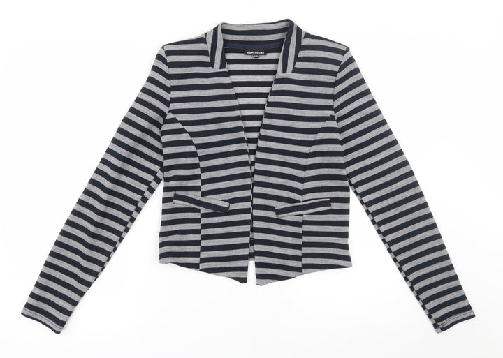 Warehouse Womens Grey V-Neck Striped Acrylic Cardigan Jumper Size 10