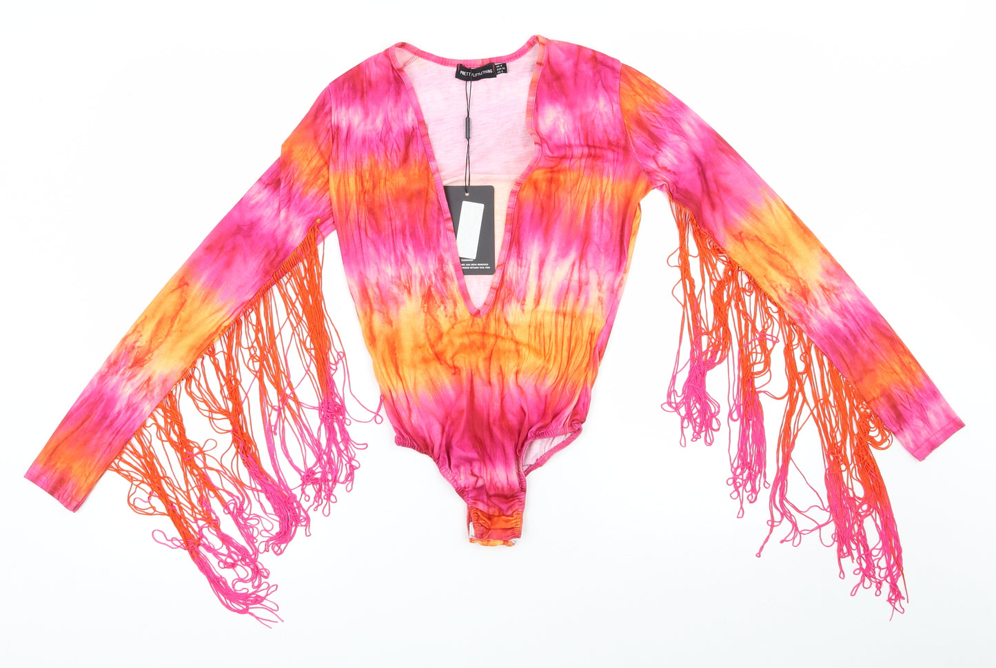 PRETTYLITTLETHING Womens Pink Tie Dye Polyester Bodysuit One-Piece Size 6  Snap