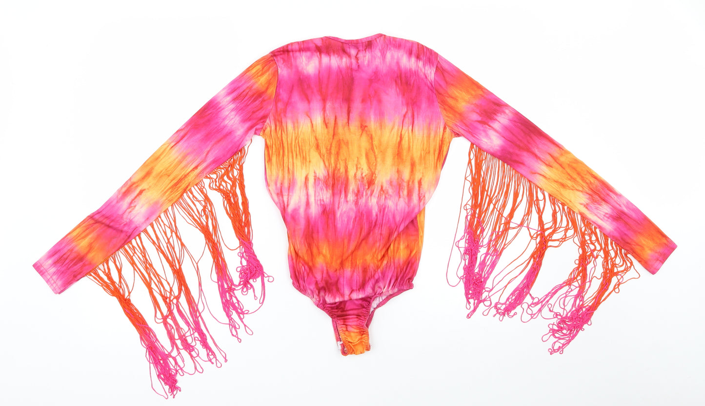PRETTYLITTLETHING Womens Pink Tie Dye Polyester Bodysuit One-Piece Size 6  Snap