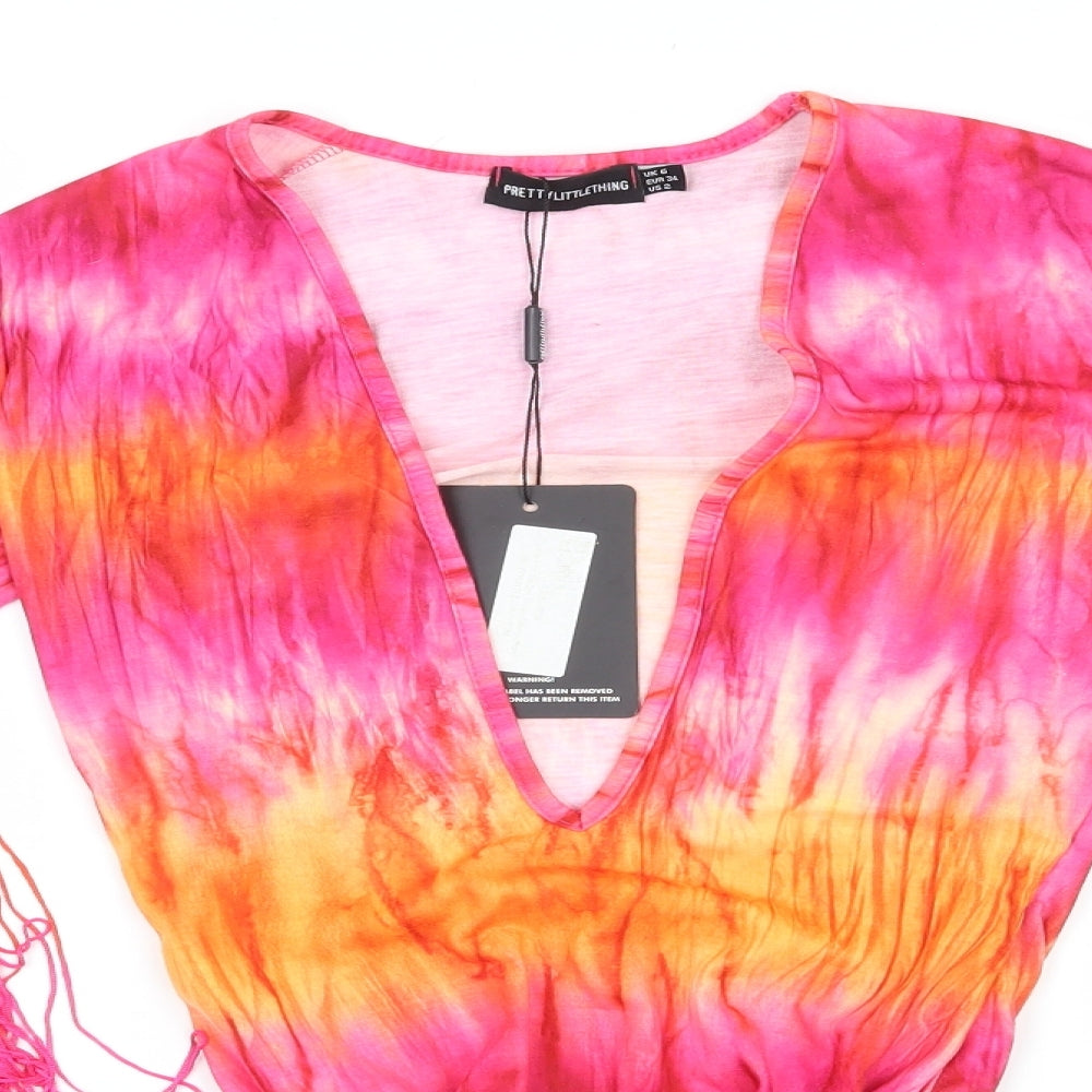 PRETTYLITTLETHING Womens Pink Tie Dye Polyester Bodysuit One-Piece Size 6  Snap