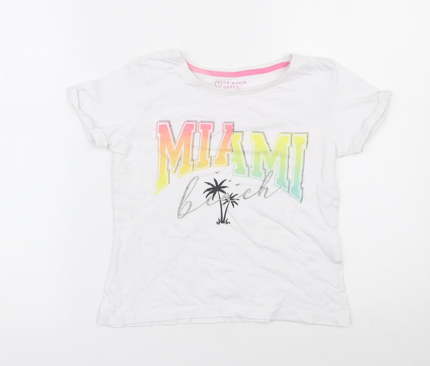 Primark Girls White  100% Cotton Basic T-Shirt Size 8-9 Years Round Neck Pullover - Miami