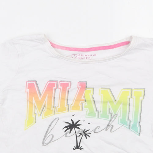 Primark Girls White  100% Cotton Basic T-Shirt Size 8-9 Years Round Neck Pullover - Miami
