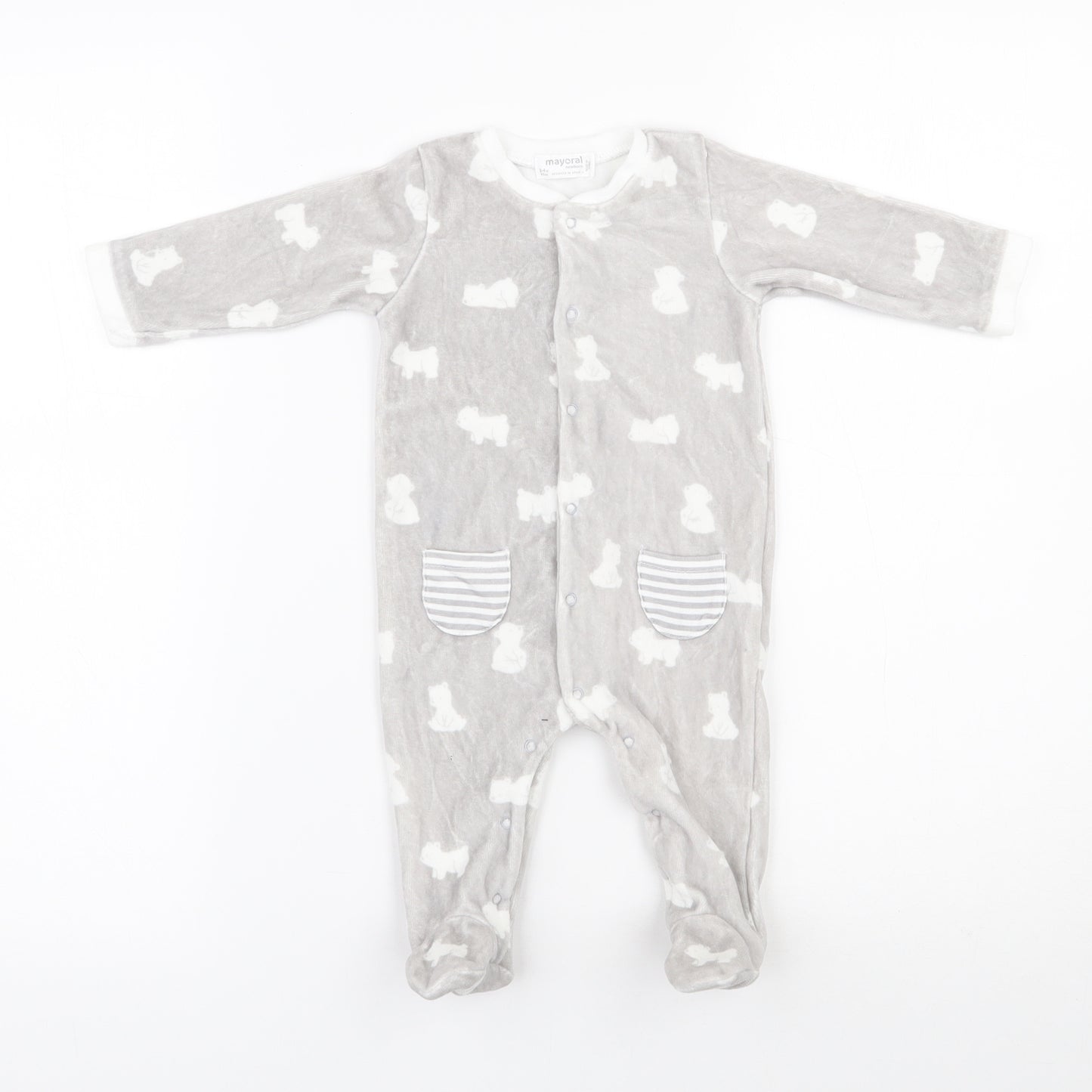 Mayoral Baby Grey  Cotton Babygrow One-Piece Size 0-3 Months  Snap - Bear pattern