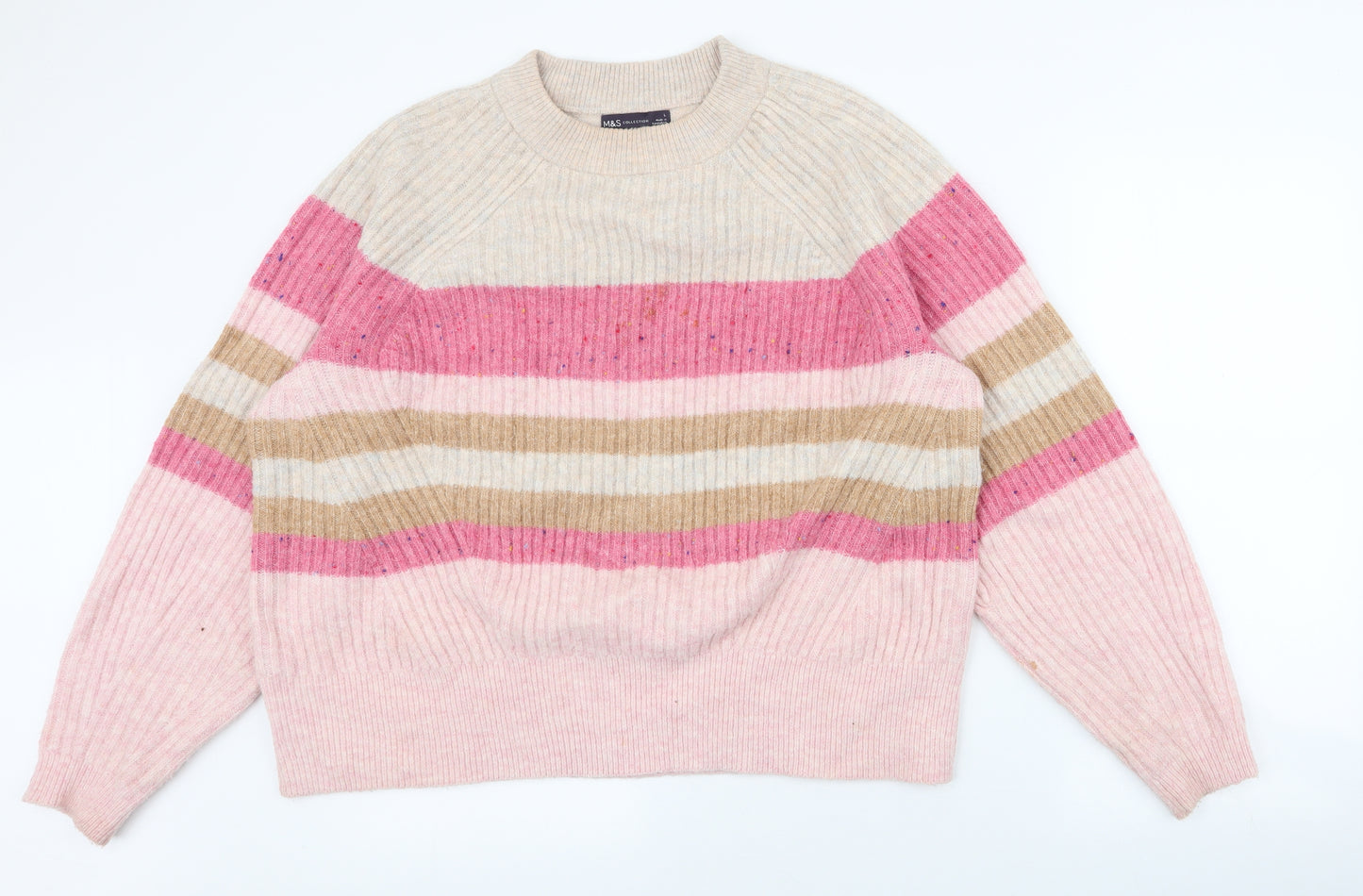 Marks and Spencer Womens Pink High Neck Striped Acrylic Pullover Jumper Size L