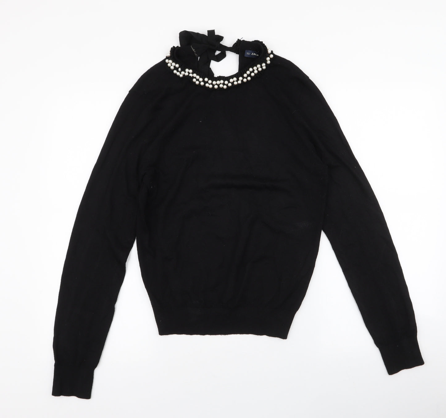 Zara Womens Black High Neck  Modal Pullover Jumper Size M   - Pearl Detail neckline