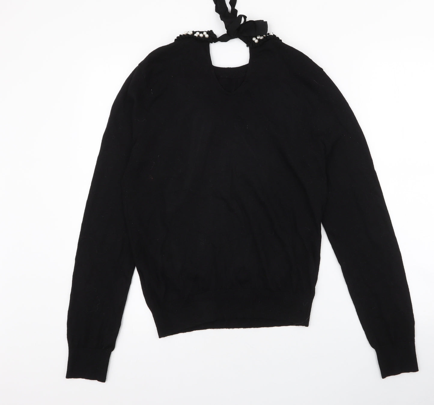 Zara Womens Black High Neck  Modal Pullover Jumper Size M   - Pearl Detail neckline