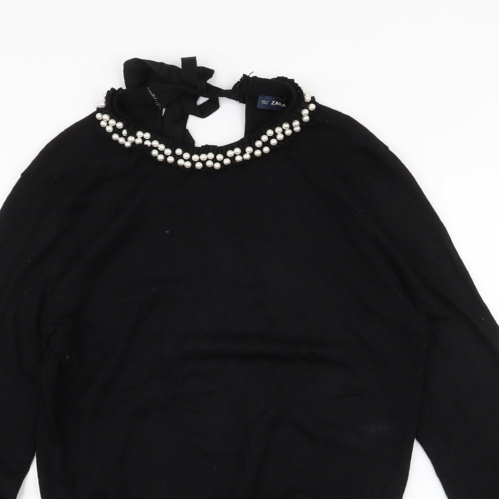 Zara Womens Black High Neck  Modal Pullover Jumper Size M   - Pearl Detail neckline