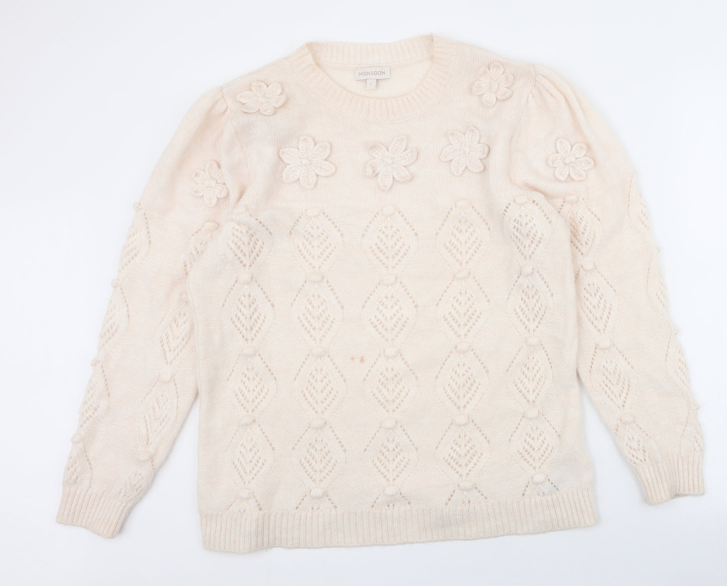 Monsoon Womens Ivory Round Neck Floral Acrylic Pullover Jumper Size L