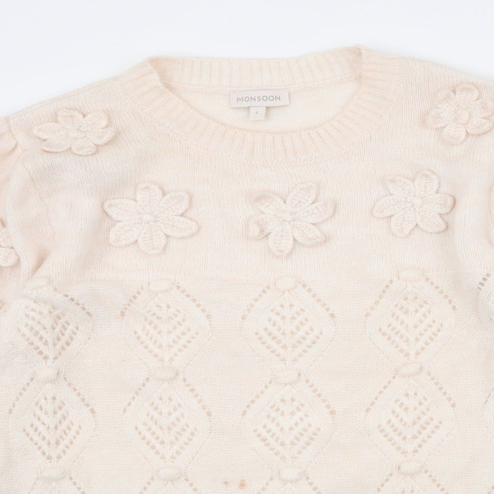 Monsoon Womens Ivory Round Neck Floral Acrylic Pullover Jumper Size L