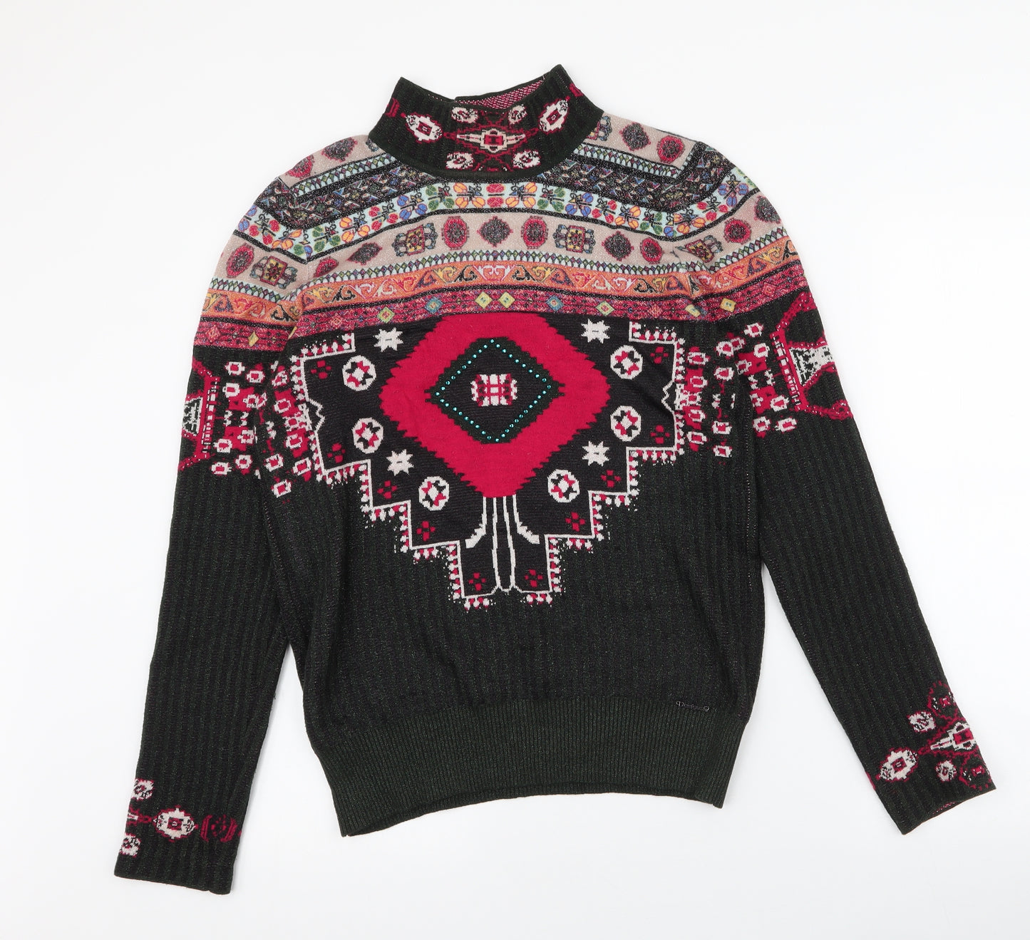 Desigual Womens Green High Neck Fair Isle Polyester Pullover Jumper Size L   - christmas