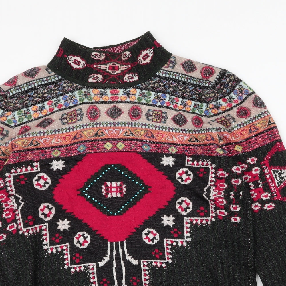Desigual Womens Green High Neck Fair Isle Polyester Pullover Jumper Size L   - christmas