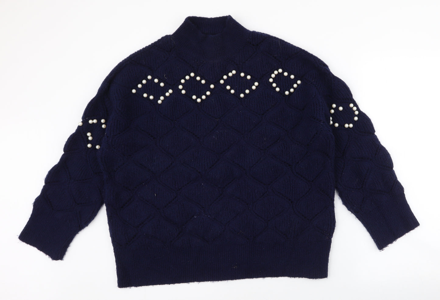 Savida Womens Blue High Neck  Acrylic Pullover Jumper Size M   - Pearl Detail
