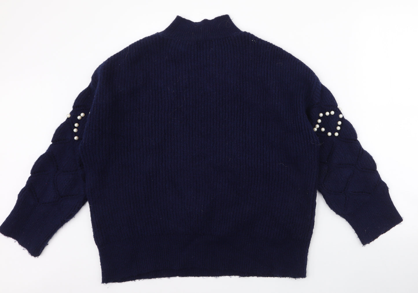 Savida Womens Blue High Neck  Acrylic Pullover Jumper Size M   - Pearl Detail