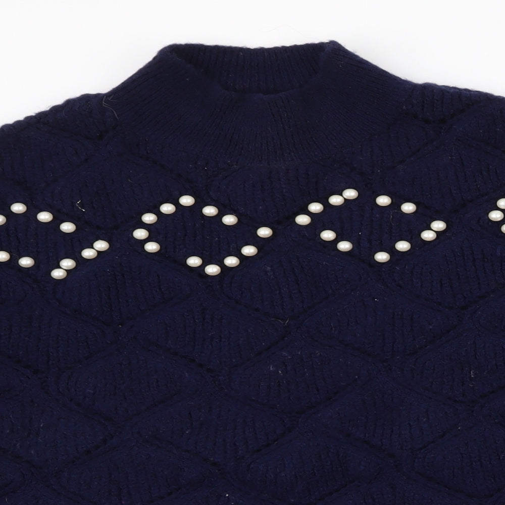 Savida Womens Blue High Neck  Acrylic Pullover Jumper Size M   - Pearl Detail