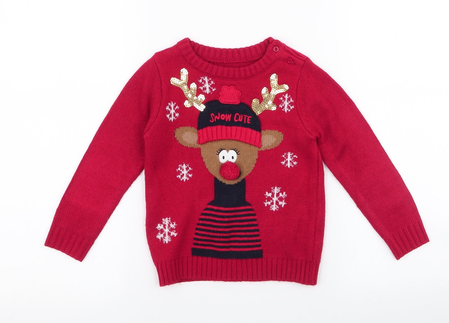 Dunnes Stores Baby Red  Acrylic Pullover Jumper Size 18-24 Months  Button - reindeer , christmas