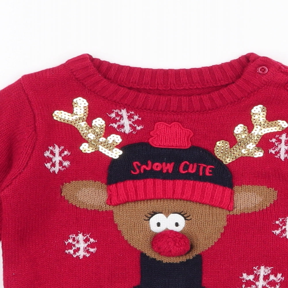 Dunnes Stores Baby Red  Acrylic Pullover Jumper Size 18-24 Months  Button - reindeer , christmas