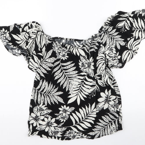 F&F Womens Black Floral Viscose Basic Blouse Size 10 Off the Shoulder