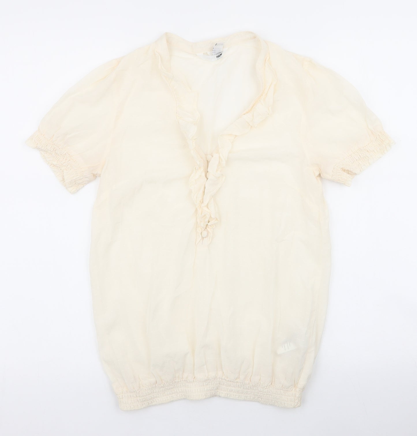 H&M Womens Ivory Floral Cotton Basic Blouse Size 6 V-Neck