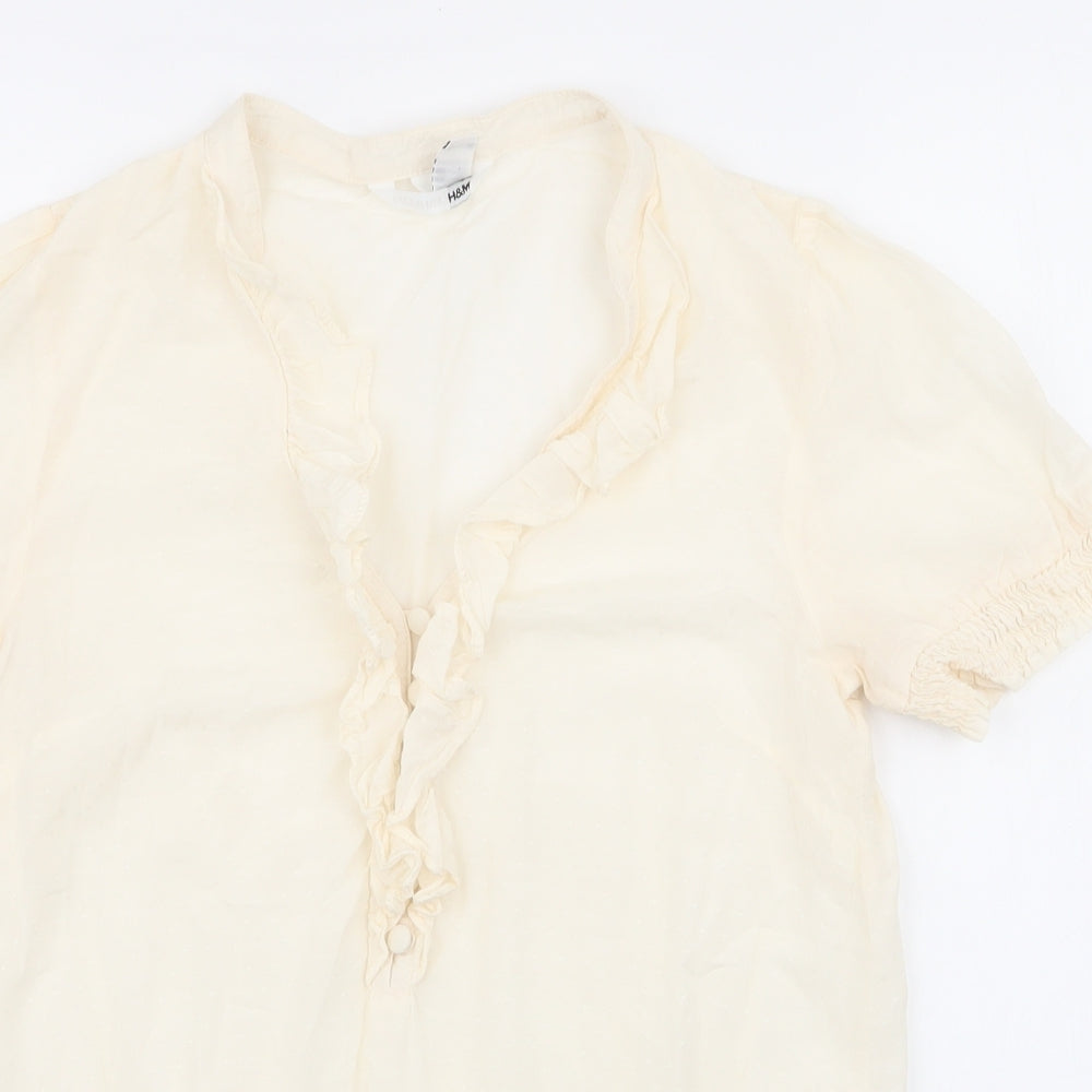 H&M Womens Ivory Floral Cotton Basic Blouse Size 6 V-Neck
