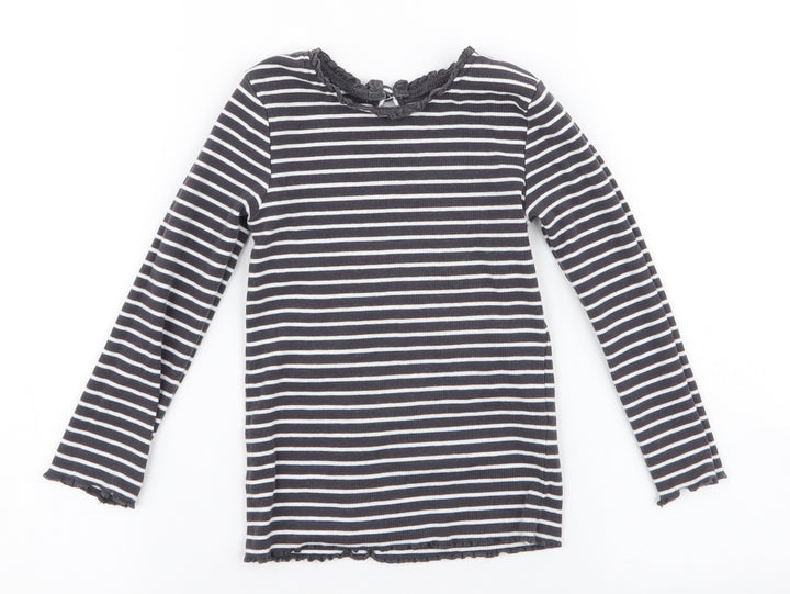 Dunnes Stores Girls Grey Striped Cotton Jersey T-Shirt Size 2-3 Years Round Neck Button