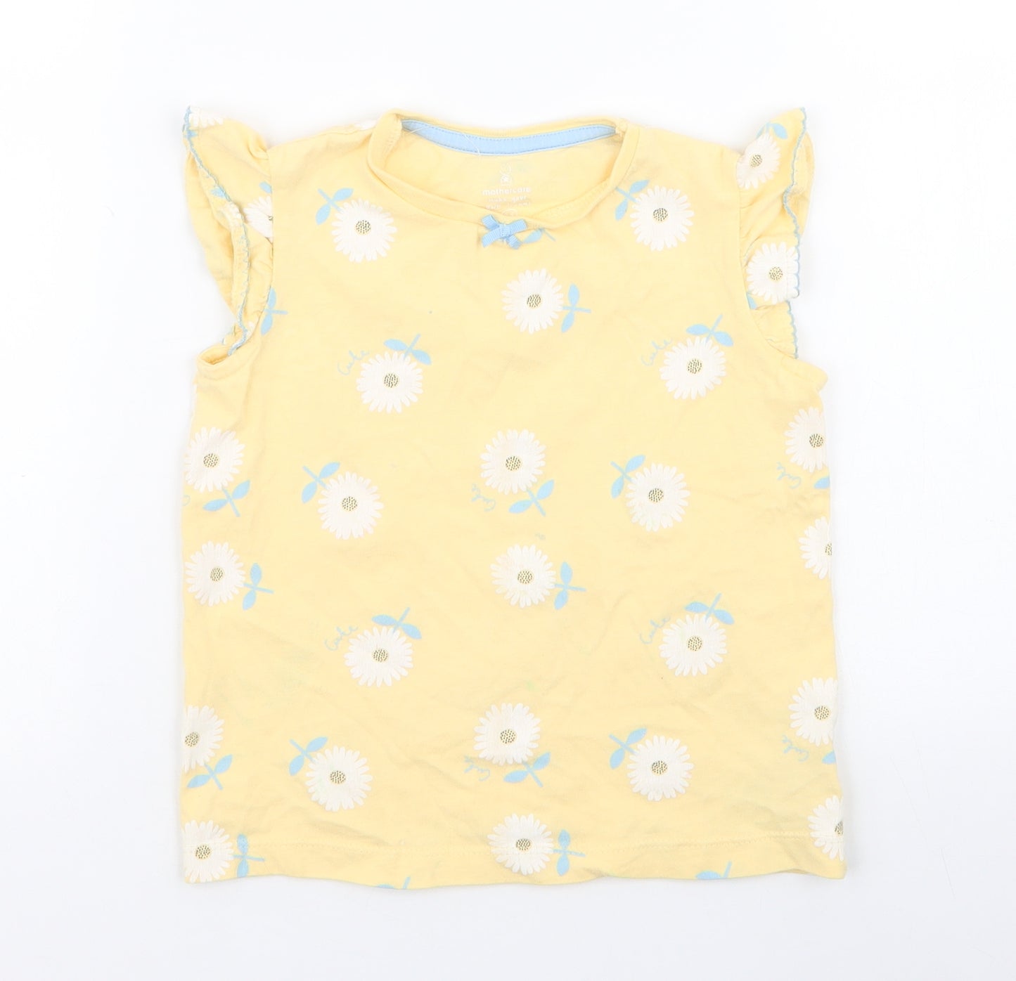 Mothercare Girls Yellow Floral 100% Cotton Jersey T-Shirt Size 3-4 Years Round Neck Pullover