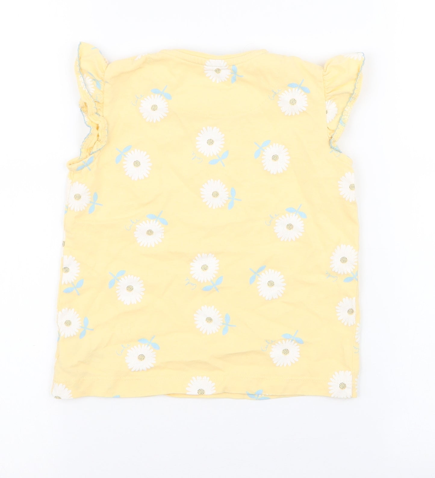 Mothercare Girls Yellow Floral 100% Cotton Jersey T-Shirt Size 3-4 Years Round Neck Pullover