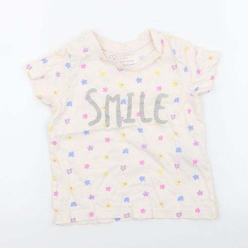 Primark Girls White Spotted 100% Cotton Jersey T-Shirt Size 3-4 Years Round Neck Pullover - smile , flowers