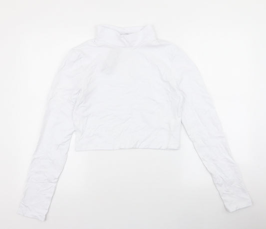 Front view of Boohoo women’s white cotton cropped t-shirt, size UK 16, high neck