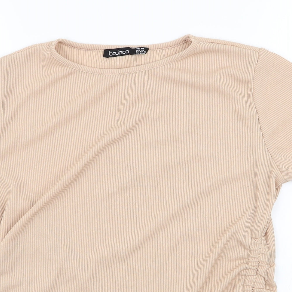 Boohoo Womens Beige  Polyester Cropped Blouse Size 14 Round Neck