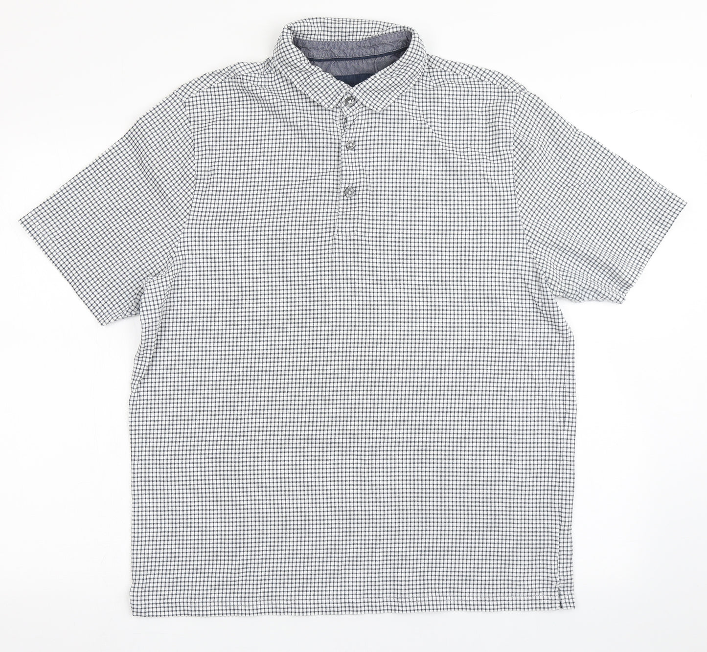 Marks and Spencer Mens White Check 100% Cotton  Polo Size L Round Neck Button