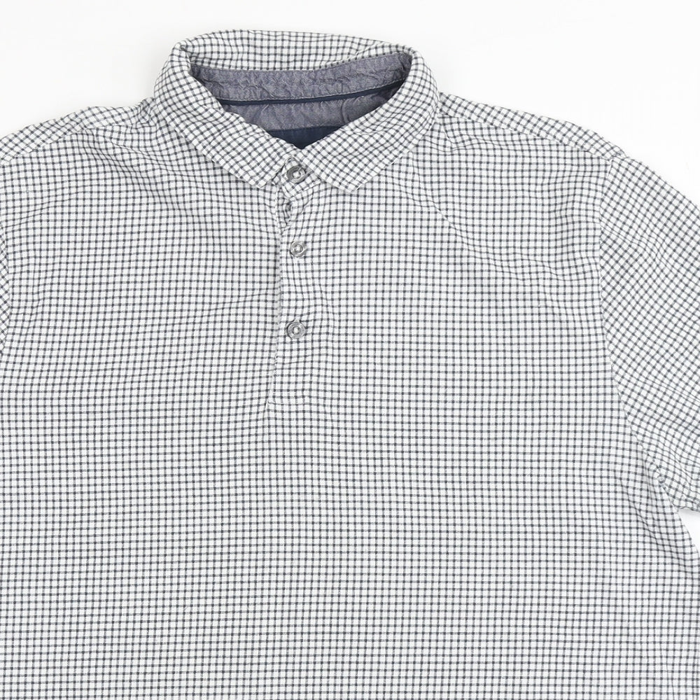 Marks and Spencer Mens White Check 100% Cotton  Polo Size L Round Neck Button