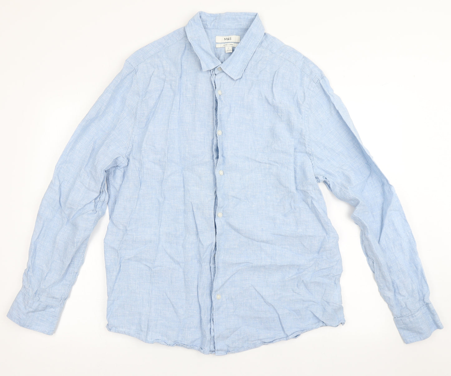 Marks and Spencer Mens Blue  Linen  Button-Up Size XL Round Neck Button