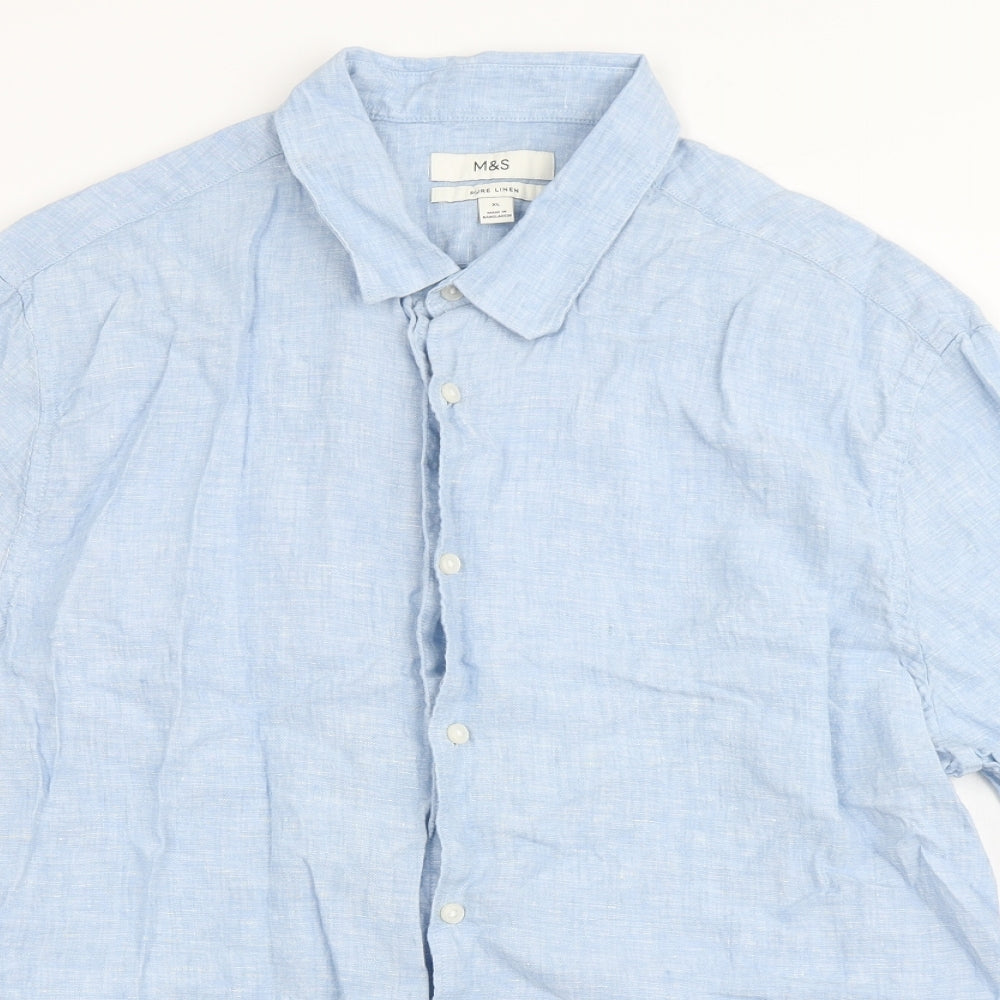 Marks and Spencer Mens Blue  Linen  Button-Up Size XL Round Neck Button