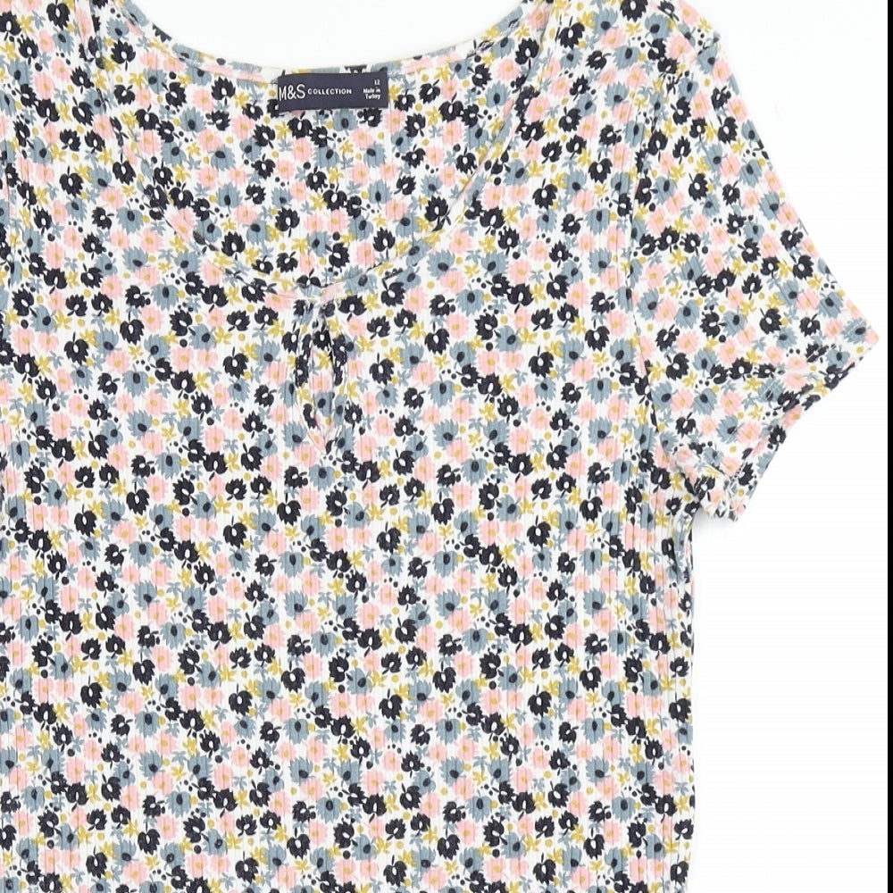 Marks and Spencer Womens Multicoloured Floral Viscose Basic T-Shirt Size 12 Round Neck
