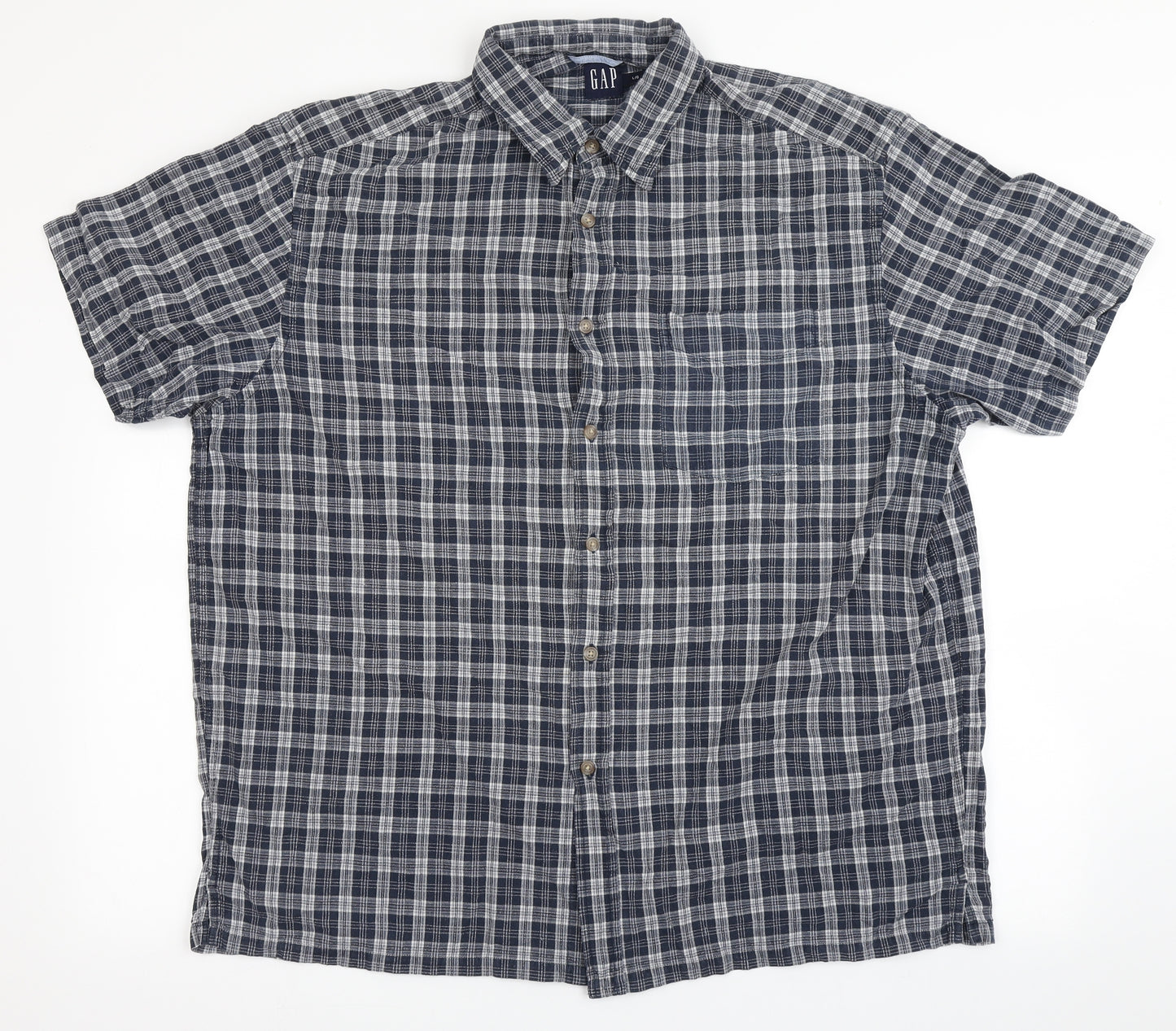 Gap Mens Blue Check Polyester  Button-Up Size L Round Neck Button - Chest Pocket