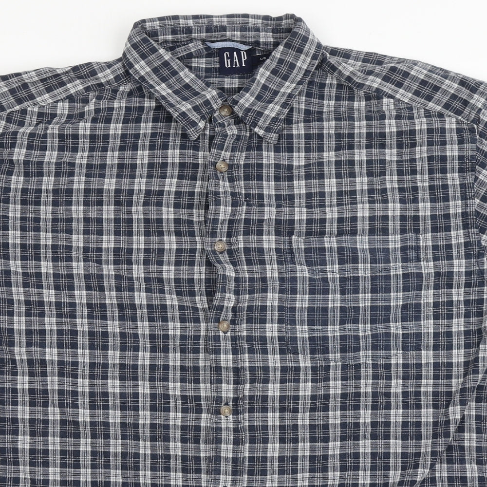 Gap Mens Blue Check Polyester  Button-Up Size L Round Neck Button - Chest Pocket