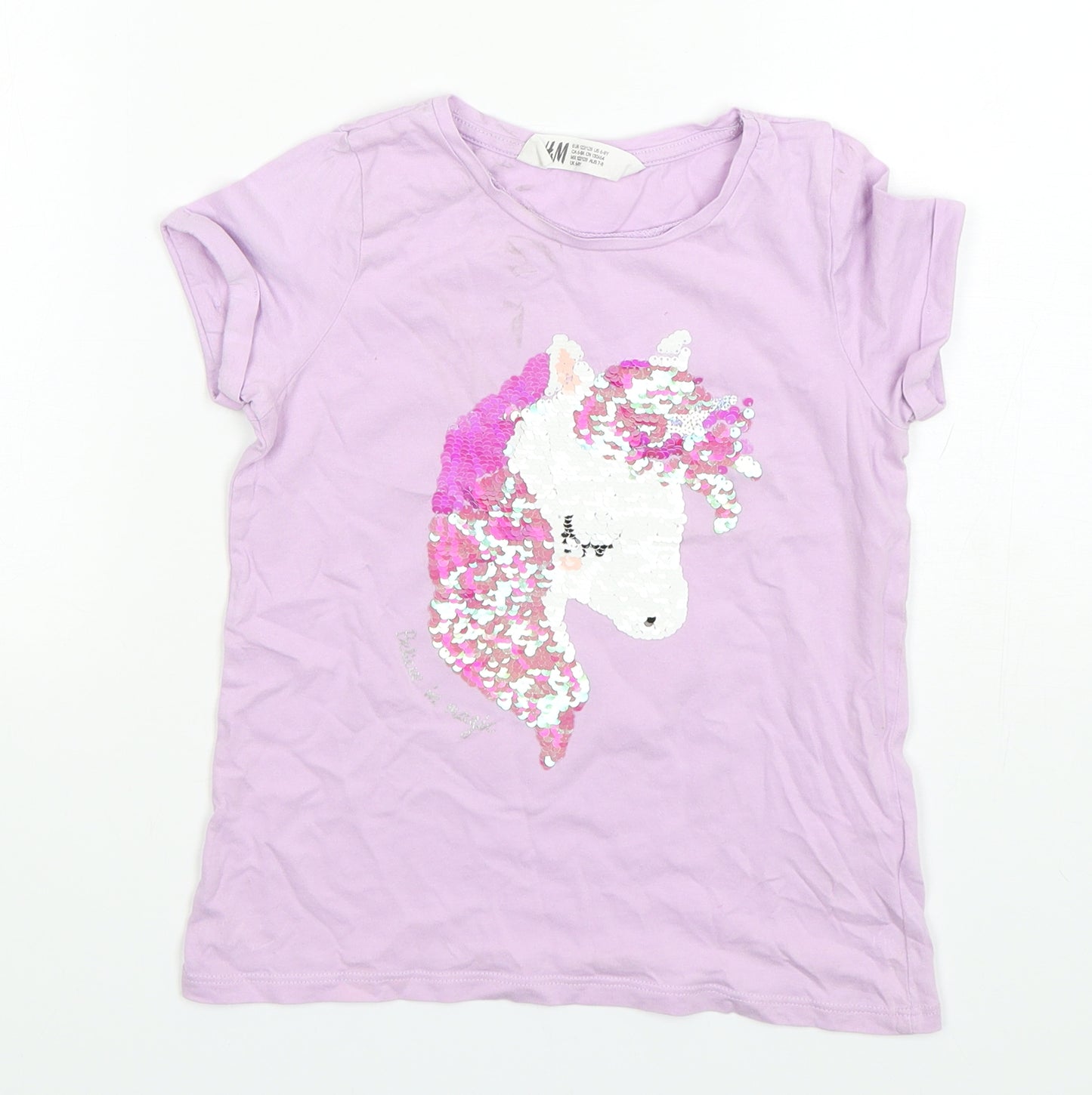 H&M Girls Pink  Cotton Basic T-Shirt Size 7-8 Years Round Neck Pullover - Unicorn