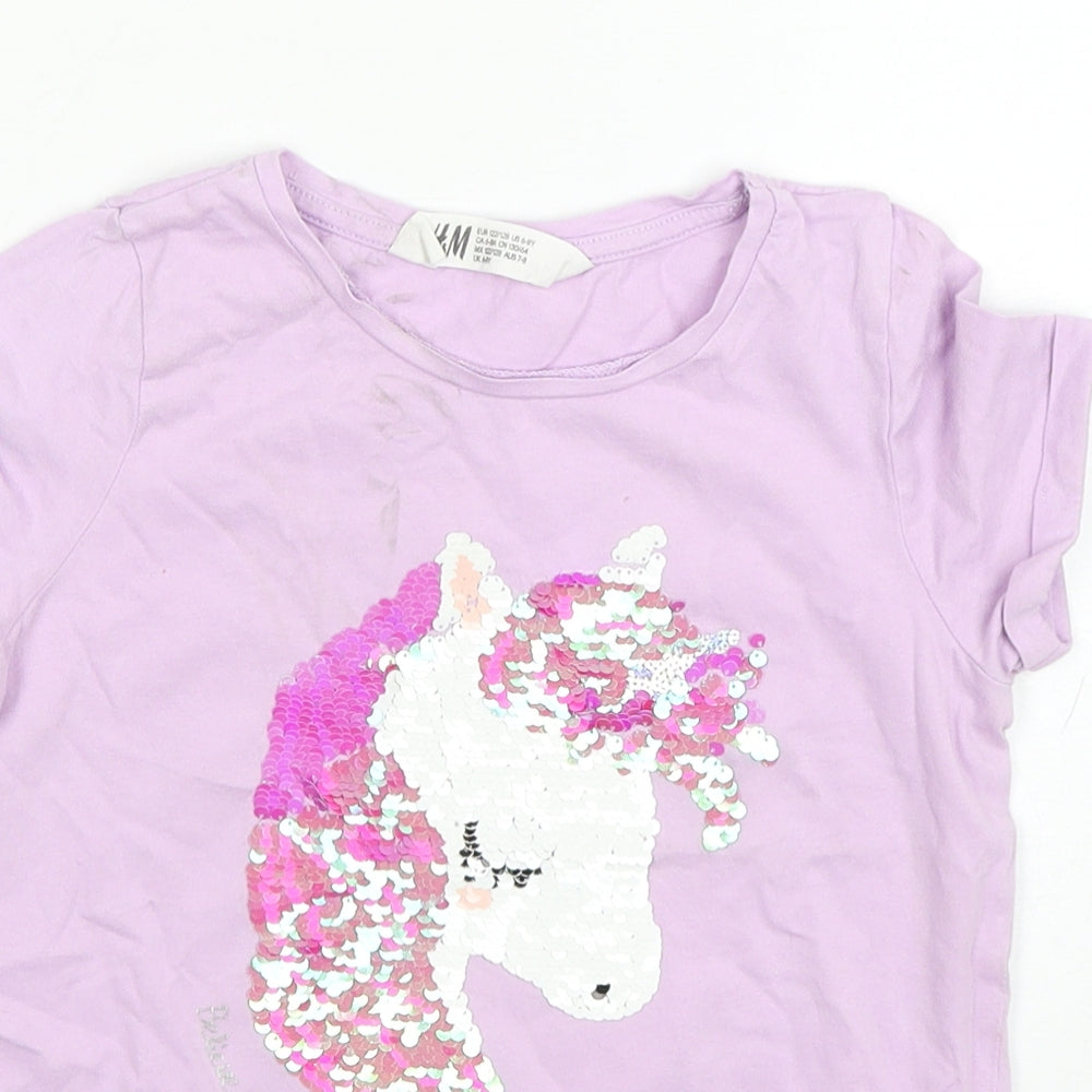 H&M Girls Pink  Cotton Basic T-Shirt Size 7-8 Years Round Neck Pullover - Unicorn
