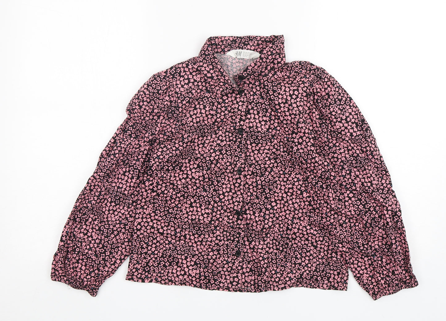H&M Girls Pink Floral Cotton Basic Button-Up Size 10-11 Years Collared Button