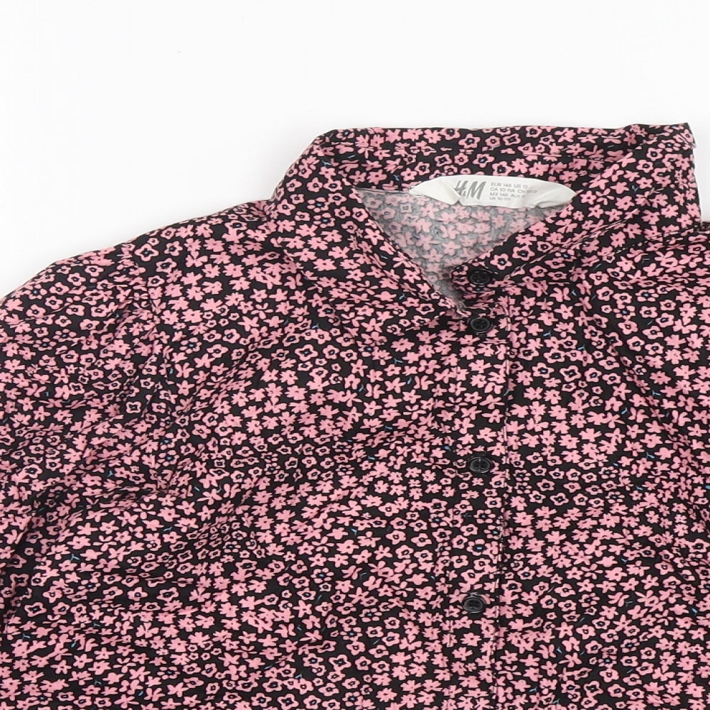 H&M Girls Pink Floral Cotton Basic Button-Up Size 10-11 Years Collared Button