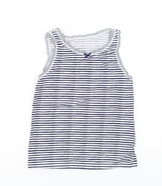 Front view of Next girls’ blue striped cotton basic tank, size 5-6, years round neck pullover