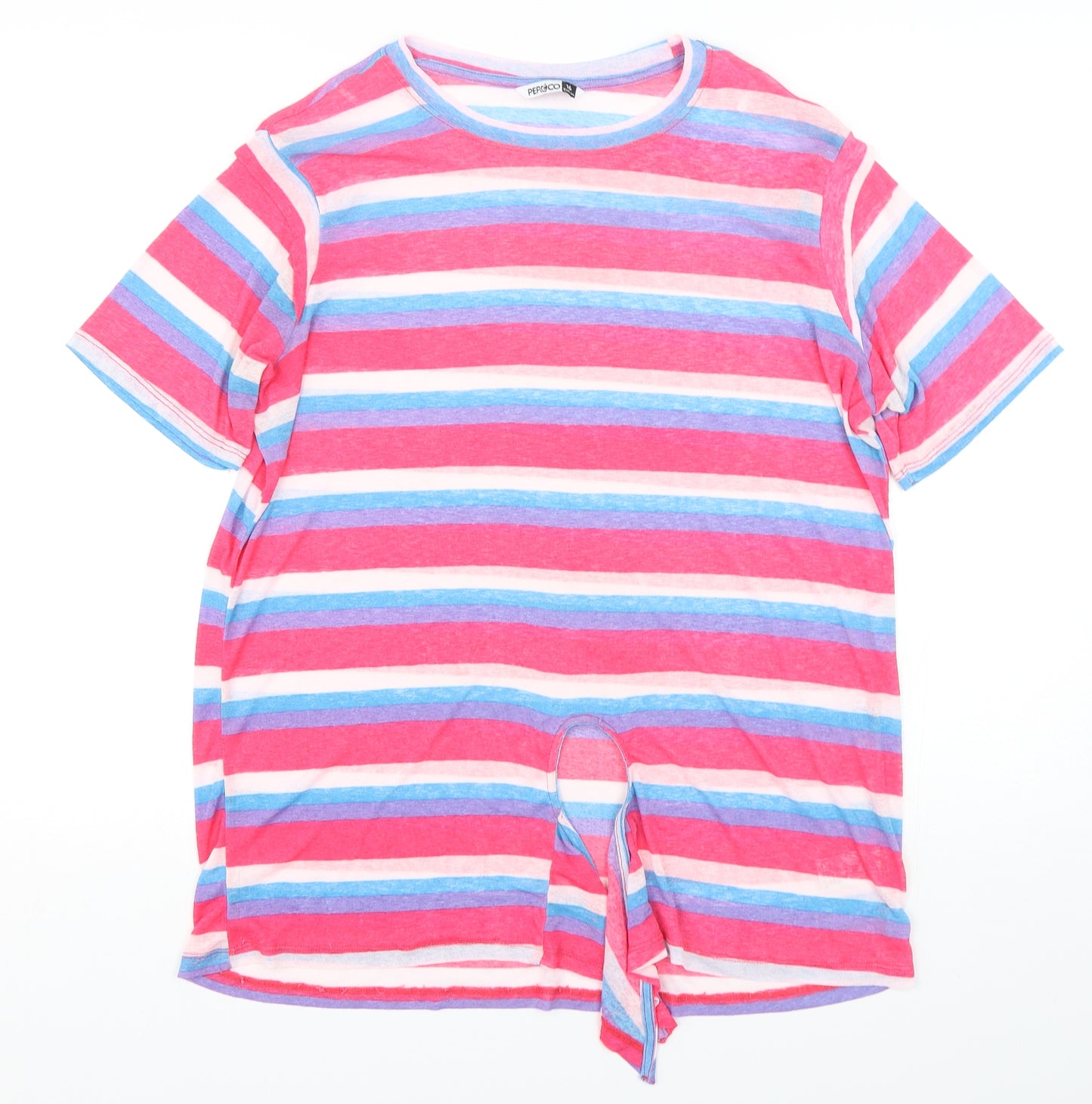 PEP&CO Womens Multicoloured Striped Polyester Basic T-Shirt Size 16 Round Neck