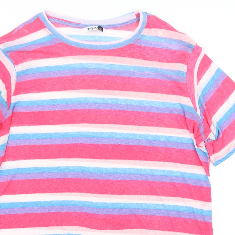 PEP&CO Womens Multicoloured Striped Polyester Basic T-Shirt Size 16 Round Neck