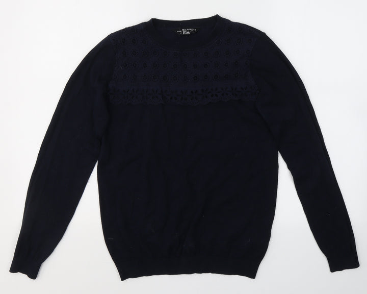 Dorothy Perkins Womens Blue Round Neck Cotton Pullover Jumper Size 10 - Lace Detail