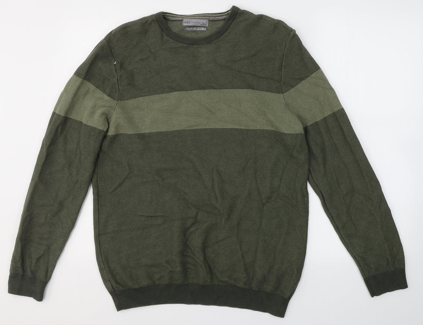 Marks and Spencer Mens Green Round Neck  Cotton Pullover Jumper Size L